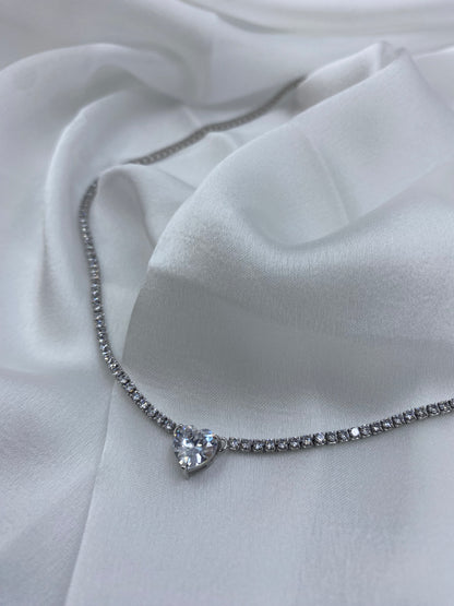 Collana Tennis Cuore in Argento 925 con Zirconi