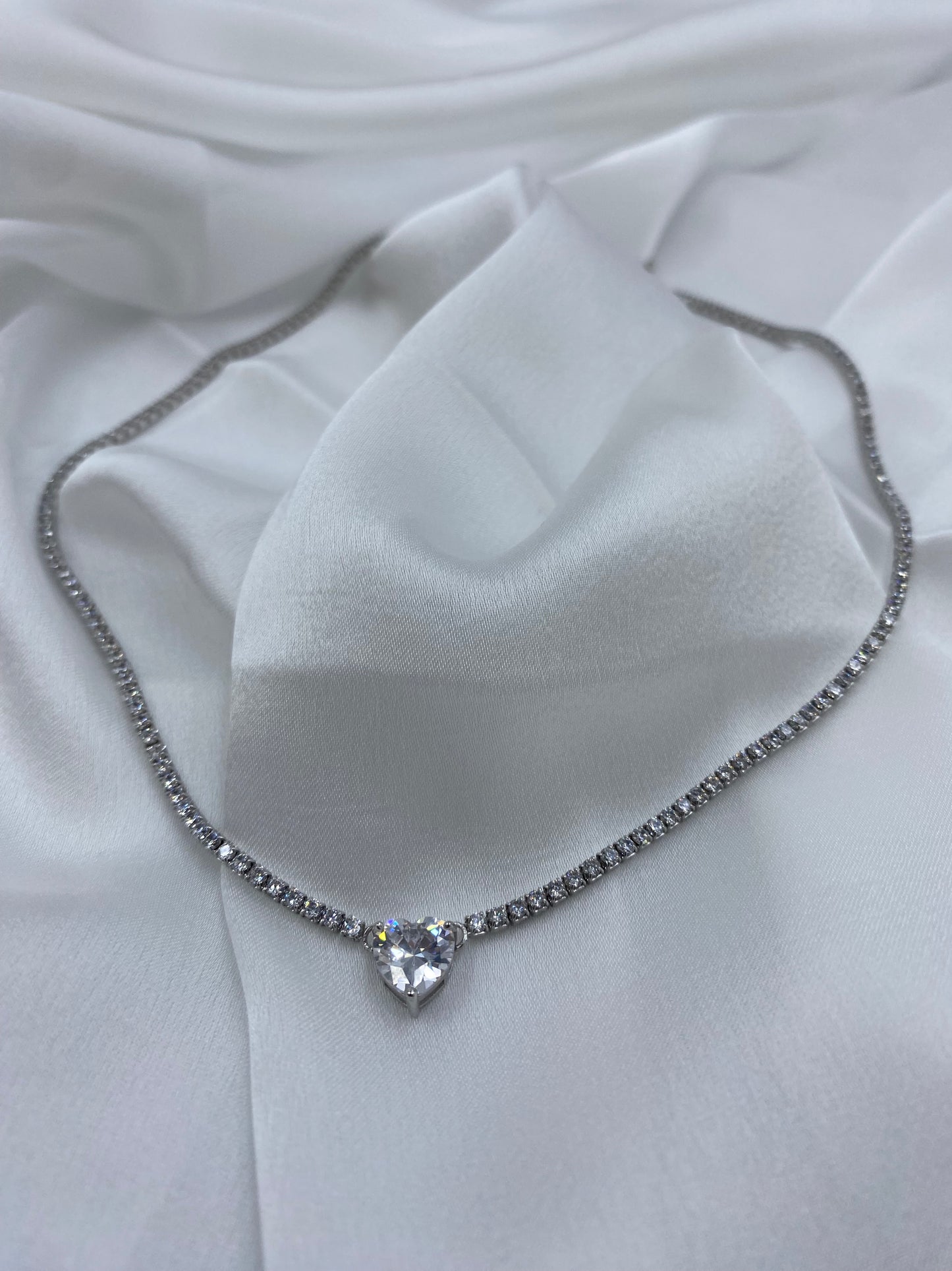 Collana Tennis Cuore in Argento 925 con Zirconi