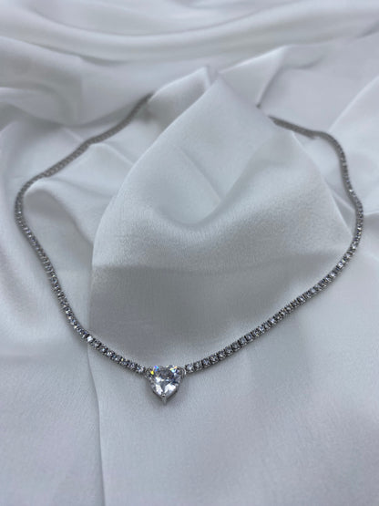 Collana Tennis Cuore in Argento 925 con Zirconi
