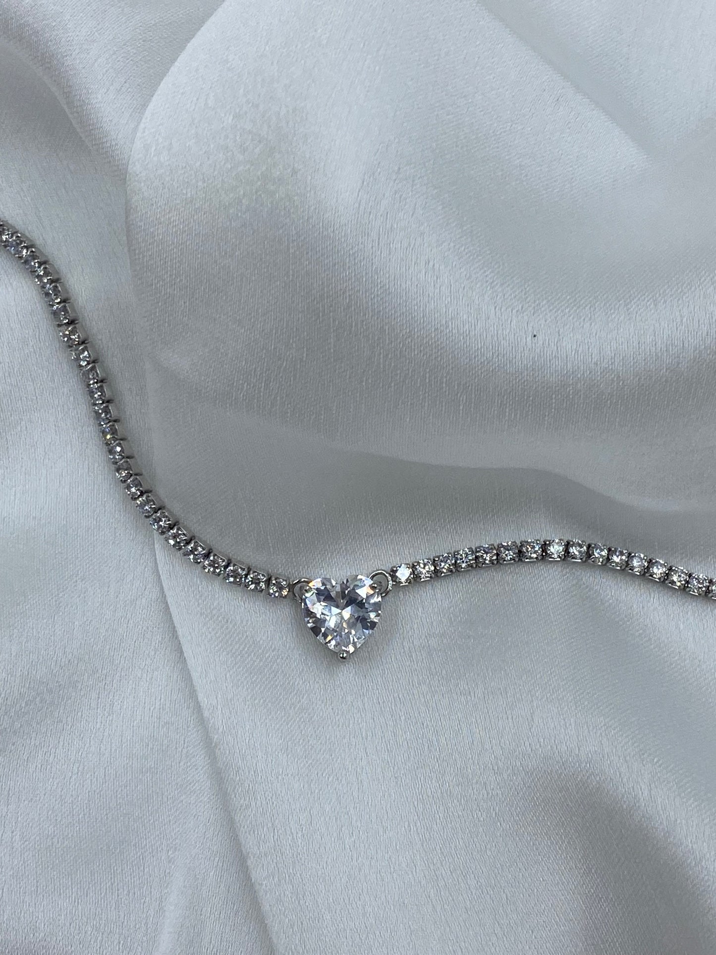 Collana Tennis Cuore in Argento 925 con Zirconi